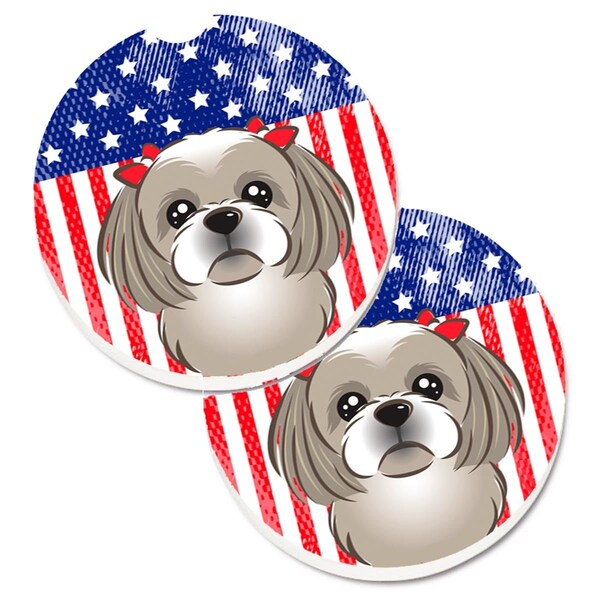 Carolines Treasures American Flag and Grey Silver Shih Tzu Set of 2 Cup Holder Car Coaster BB2180CARC - main